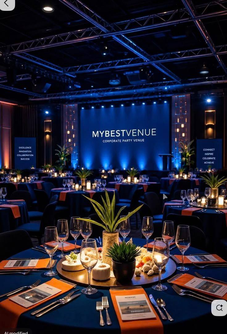 Gala dinner venue with candlelit tables and blue stage lighting