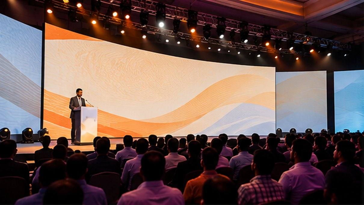 Keynote speaker on a conference stage with a curved LED wall and a full audience