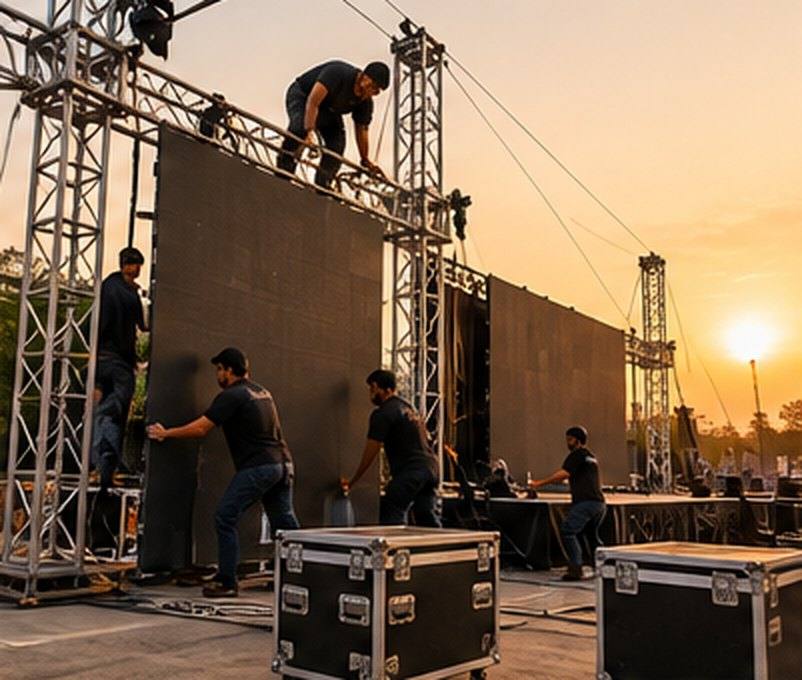 Crew assembling truss and LED panels for an outdoor stage at sunset